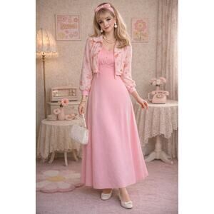 Vintage Maxi Dress and Matching Shrug Jacket Set 1960s Mod Geometric Floral Pink